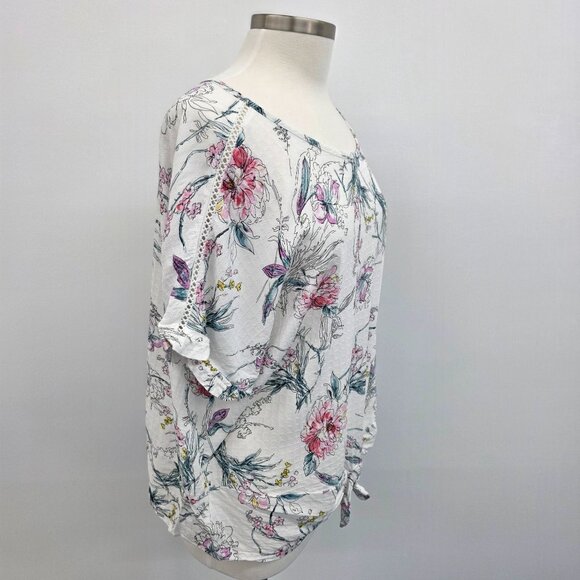 Buffalo David Bitton Womens XL Floral Tie-Front Top White Pink Short Sleeve - Picture 2 of 14